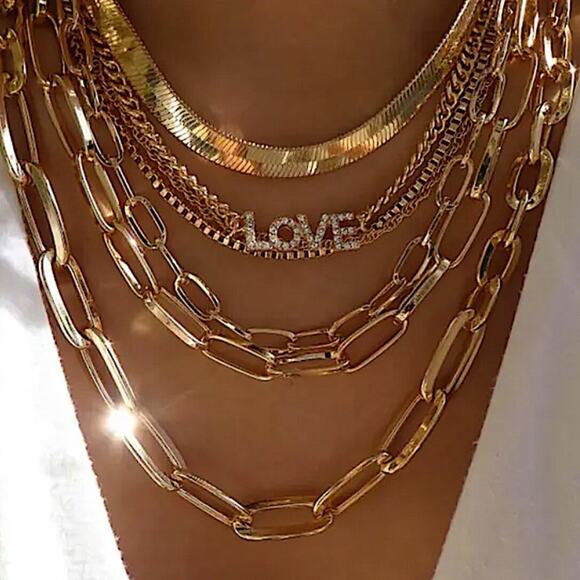 Gold Plated 18K Multilayer Necklace, Chain Link, Paperclip, Love, Zircon - Picture 1 of 1